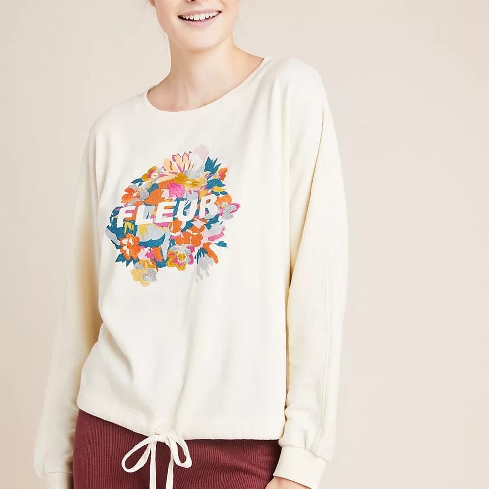 Anthropologie Saturday Sunday Fleur Cream Graphic Sweatshirt M